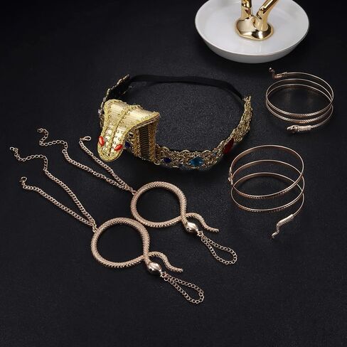 BESTEEL 5Pcs Egyptian Costume Accessories Halloween Cleopatra Headpiece Swirl Snake Upper Arm Cuff Gold Finger Ring and Hand Chain Bracelet for Women Costume in Saudi Arabia