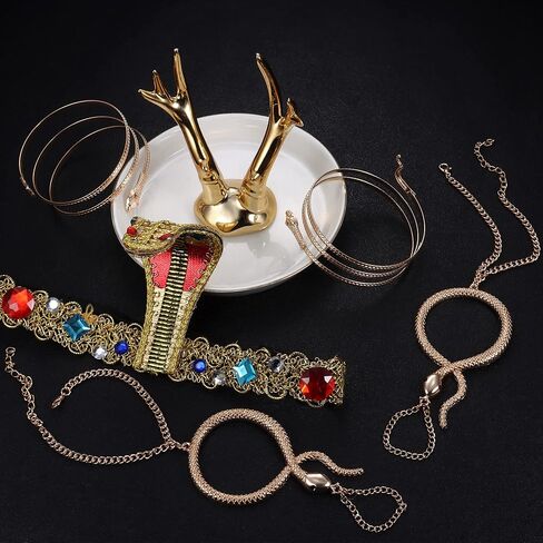 BESTEEL 5Pcs Egyptian Costume Accessories Halloween Cleopatra Headpiece Swirl Snake Upper Arm Cuff Gold Finger Ring and Hand Chain Bracelet for Women Costume in Saudi Arabia