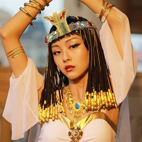 BESTEEL 5Pcs Egyptian Costume Accessories Halloween Cleopatra Headpiece Swirl Snake Upper Arm Cuff Gold Finger Ring and Hand Chain Bracelet for Women Costume in Saudi Arabia