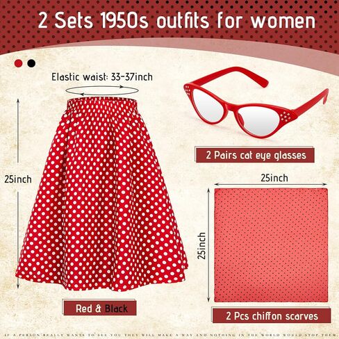 تووليت مجموعة اكسسوارات تنكرية للنساء مكونة من 6 قطع بتصميم كلاسيكي بنمط الخمسينيات والستينيات وتنورة منقطة مربعة من الشيفون ووشاح للرقبة ووشاح للرأس ونظارات مع احجار الراين للبنات والسيدات لحفلات in Kuwait