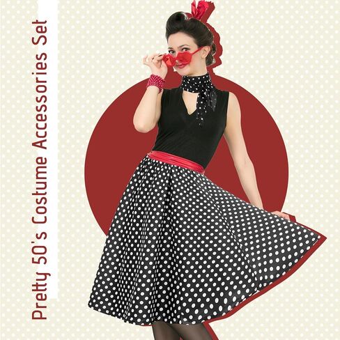 تووليت مجموعة اكسسوارات تنكرية للنساء مكونة من 6 قطع بتصميم كلاسيكي بنمط الخمسينيات والستينيات وتنورة منقطة مربعة من الشيفون ووشاح للرقبة ووشاح للرأس ونظارات مع احجار الراين للبنات والسيدات لحفلات in Kuwait