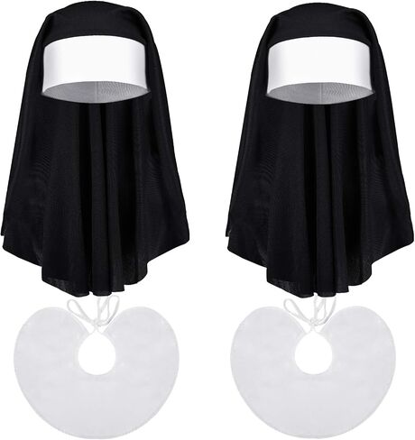 2 Sets Halloween Nun Costume Nun Hat Nun Habit Costume Accessory Set Plastic Gold Cross Necklace White Nun Collar for Woman in Saudi Arabia