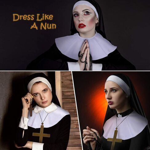 2 Sets Halloween Nun Costume Nun Hat Nun Habit Costume Accessory Set Plastic Gold Cross Necklace White Nun Collar for Woman in Saudi Arabia