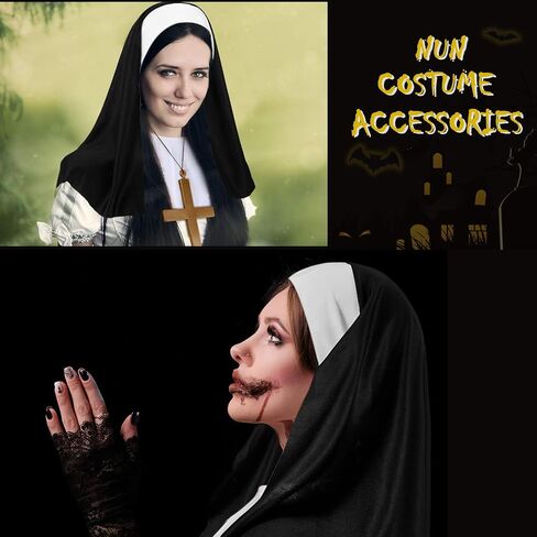 2 Sets Halloween Nun Costume Nun Hat Nun Habit Costume Accessory Set Plastic Gold Cross Necklace White Nun Collar for Woman in Saudi Arabia