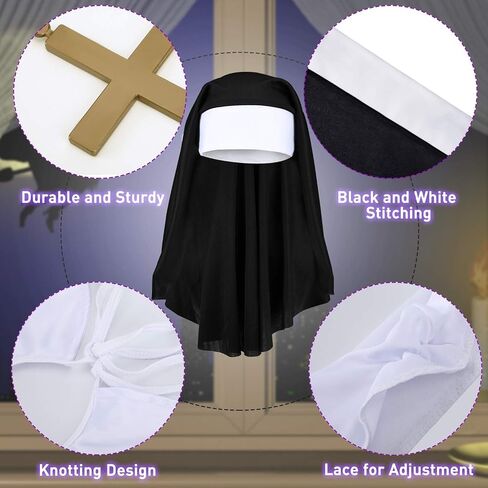 2 Sets Halloween Nun Costume Nun Hat Nun Habit Costume Accessory Set Plastic Gold Cross Necklace White Nun Collar for Woman in Saudi Arabia