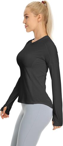 icyzone Women's Workout Long Sleeve Shirts, Athletic Crewneck Yoga Tops, Quick Dry Gym Outdoor T-Shirt with Thumb Holes in Saudi Arabia