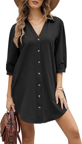 HOTOUCH Women's 3/4 Sleeve V Neck Button Down Shirt Dress Casual Cotton Linen Blouse Tops with Pocket in Saudi Arabia