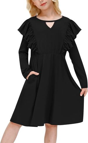 IIMMER Girls Fall Flutter Long Sleeve Keyhole Neckline Midi Dress with Pockets 5-14 Years in Kuwait