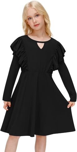 IIMMER Girls Fall Flutter Long Sleeve Keyhole Neckline Midi Dress with Pockets 5-14 Years in Kuwait