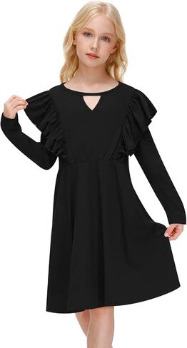 IIMMER Girls Fall Flutter Long Sleeve Keyhole Neckline Midi Dress with Pockets 5-14 Years in Kuwait