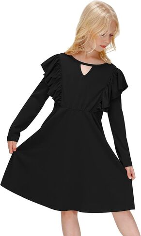 IIMMER Girls Fall Flutter Long Sleeve Keyhole Neckline Midi Dress with Pockets 5-14 Years in Kuwait