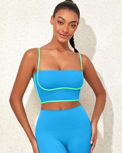 Womens Workout Tank Tops Square Neck Longline Sports Bra Support Crop Yoga Top Spaghetti Strap Camisole Built in Bras in Kuwait