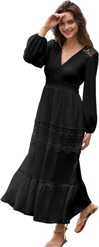 Olaesa Long Sleeve Maxi Dress for Women V Neck Lace Boho Dress Flowy Fall Wedding Guest Dresses with Pockets in Kuwait