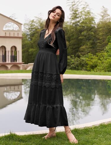 Olaesa Long Sleeve Maxi Dress for Women V Neck Lace Boho Dress Flowy Fall Wedding Guest Dresses with Pockets in Kuwait