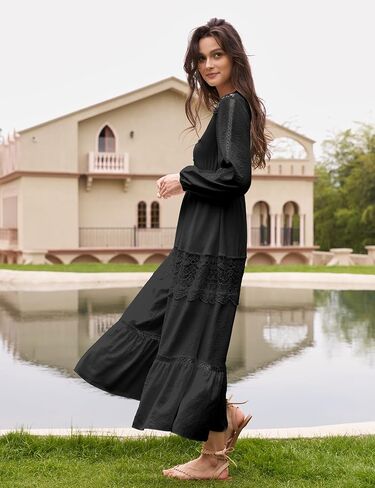 Olaesa Long Sleeve Maxi Dress for Women V Neck Lace Boho Dress Flowy Fall Wedding Guest Dresses with Pockets in Kuwait