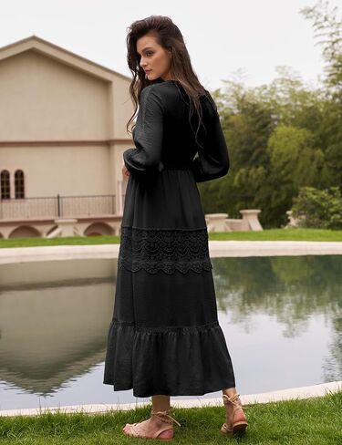 Olaesa Long Sleeve Maxi Dress for Women V Neck Lace Boho Dress Flowy Fall Wedding Guest Dresses with Pockets in Kuwait