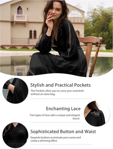 Olaesa Long Sleeve Maxi Dress for Women V Neck Lace Boho Dress Flowy Fall Wedding Guest Dresses with Pockets in Kuwait