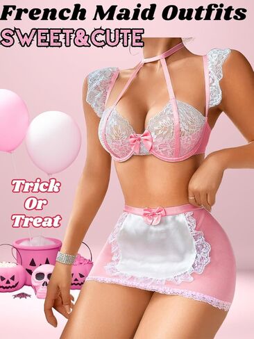 ملابس خادمة مثيرة مكونة من 3 قطع من EHSUYAB للسيدات، فيونكة من الساتان، مريلة من الدانتيل، ملابس داخلية للحفلات التنكرية in Kuwait