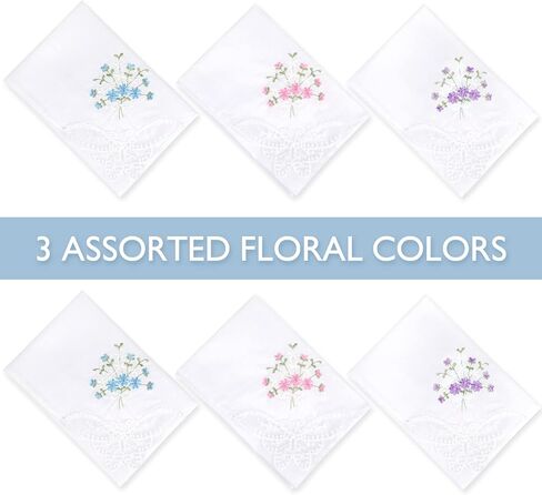 مناديل هانكي قطنية مختارة للسيدات مطرزة بالزهور مع دانتيل، مناديل نسائية 6 قطع - متنوعة in Kuwait