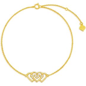 Rikelus Gold Heart Bracelet for Women 14K Real Gold, Trible Hearts link Bracelet Gifts for Mom Wife Girlfriend 6.5+2 inch