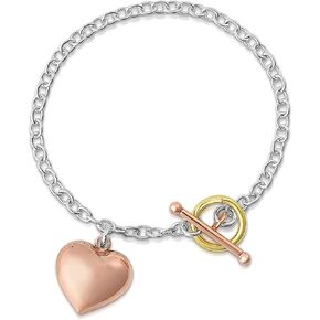 Savlano 925 Sterling Silver 14K Gold Plated Italian Toggle Heart Charm Bracelet Comes With Gift Box for Women - Made in Italy