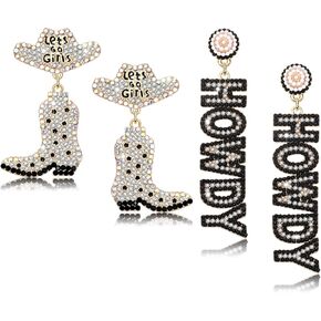 2 Pairs Western Cowgirl Earrings for Women Sparkly Rhinestone Cowboy Boot Hat Dangling Earrings Fun Country Concert Beaded Let’s Go Girls Howdy Dangle Earrings Fun Nashville Rodeo Bride Bachelorette Party Earrings Jewelry Country Concert Outfits Accessori