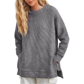 Fazortev Women's Oversized Sweatshirts Long Sleeve Crew Neck Ribbed Pullover Loose Side Zipper Tunic Tops