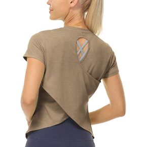 icyzone Short Sleeve Workout Tops for Women, Open Back Athletic Gym T Shirts, High Neck Running Yoga Tees