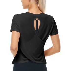 icyzone Short Sleeve Workout Tops for Women, Open Back Athletic Gym T Shirts, High Neck Running Yoga Tees