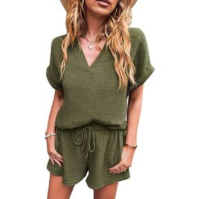 Flygo 2 Piece Outfits for Women Cotton Linen V Neck Short Sleeve Shirt Shorts Lounge Set with Pockets