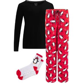 Rene Rofe 3 Piece Pajama Gift Set - Cotton Long Sleeve Top, Plush Fleece Pant and Cozy Sock Set - Winter Pajamas for Women