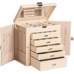 Frebeauty Large Jewelry Box,6-Tier PU Leather Jewelry Organizer with Lock,Multi-functional Storage Case with Mirror,Accessories Holder with 5 Drawers for Necklace Bracelets Watches(Beige)