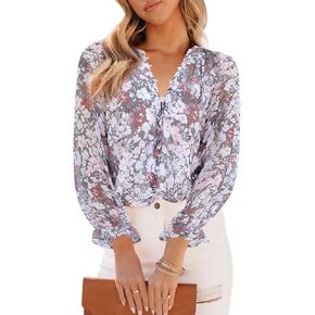 Aoudery Womens Casual Boho Floral Print V Neck Long Sleeve Blouses Button Down Shirts Dressy Chiffon Loose Ruffle Tops