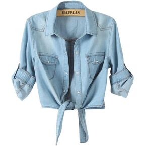 happlan Women's Loose Lapel 3/4 Sleeve Tie Knot Denim Shirt Short Crop Top in Kuwait