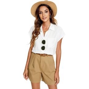 JMSHIHUA Womens Casual Button Down Short Sleeve Shirts Offiice Business Plain Blouses Tops with Pocket in Kuwait