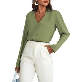 BROVAVE Women's Long Sleeve Shirts V Neck Business Casual Plain Work Blouses Tops
