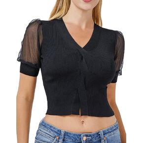 S・DEER Women's Summer Sheer Mesh Puff Sleeve Crop Tops 2023, Casual Ribbed Knit V-Neck T-Shirt Blouse