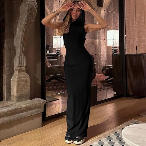 فستان نسائي غير رسمي بأكمام طويلة فستان ماكسي Y2k بقلنسوة مكشكش بحاشية خلفية أساسية سبليت للحفلات والنوادي الليلية فساتين طويلة in Kuwait