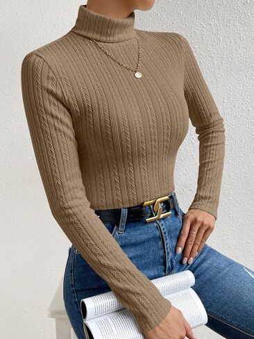 تي شيرت نسائي SweatyRocks بأكمام طويلة ورقبة سلحفاة وقصة ضيقة ومتماسكة ومضلعة وأنيقة in Saudi Arabia