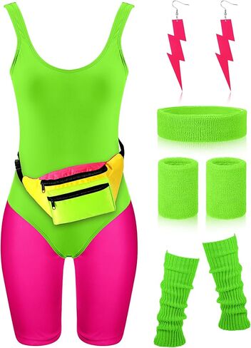 Women 80s Workout Costume Outfit Accessories Set Leggings Headband Wristbands Fanny Leg Warmers Earrings for Party in Saudi Arabia