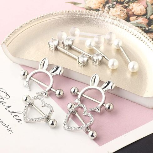 TIANCI FBYJS 5-7 Pairs Stainless Steel Nipple Rings Tongue Ring Piercing Body Jewelry Barbell CZ Heart Shape Rings for Women Girls in Kuwait