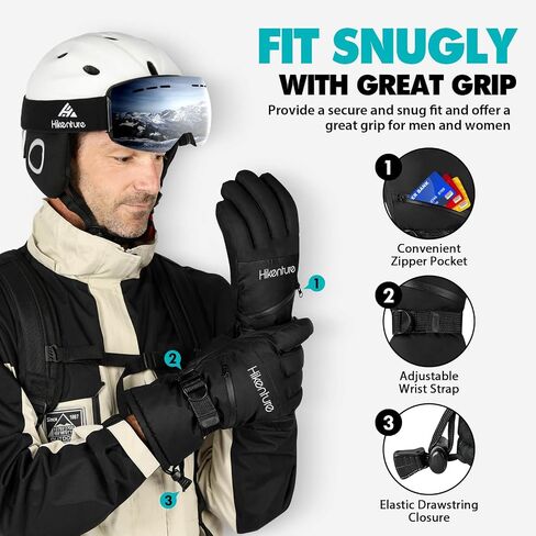 Hikenture Ski Gloves Men -Waterproof Insulated Snow Gloves with 3M Thinsulate -Touchscreen Winter Snowboard Gloves for Cold Weather, Windproof Snowmobile Gloves with Pockets in Saudi Arabia