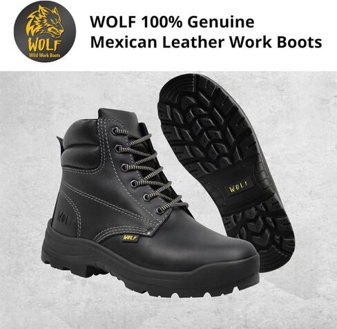 حذاء العمل وولف | جلد البقر المكسيكي الأصلي المقاوم للماء | مقاومة للمواد الكيميائية والنفطية | معزول | نعل بتقنية الهواء غير قابل للانزلاق | بوسكن | طوق مريح مبطن | معدات الحماية الشخصية الصناعية للبناء in Kuwait