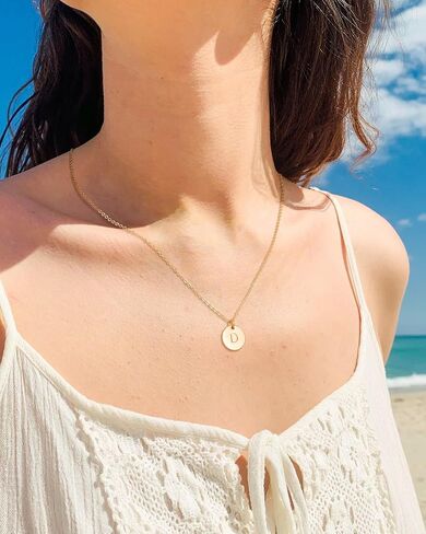 Bemoly Initial Necklace for Women Round 11MM Coin Disc Double Side Engraved Letter A-Z Hammered Pendant 14K Gold Plated Personalized Alphabet Birthday Jewelry 17.5" in Kuwait