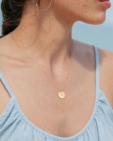 Bemoly Initial Necklace for Women Round 11MM Coin Disc Double Side Engraved Letter A-Z Hammered Pendant 14K Gold Plated Personalized Alphabet Birthday Jewelry 17.5" in Kuwait
