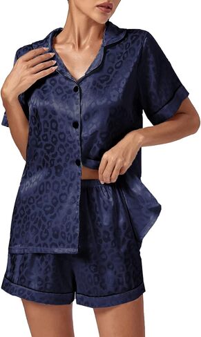 Vrtige Women's Silk Satin Pajamas Leopard Print Button Down Short Sleeve and Shorts Pj Sets in Kuwait