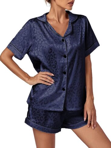 Vrtige Women's Silk Satin Pajamas Leopard Print Button Down Short Sleeve and Shorts Pj Sets in Kuwait