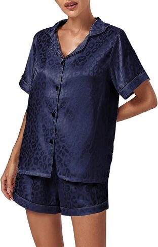 Vrtige Women's Silk Satin Pajamas Leopard Print Button Down Short Sleeve and Shorts Pj Sets in Kuwait
