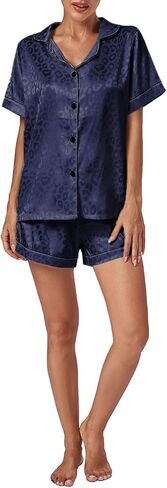 Vrtige Women's Silk Satin Pajamas Leopard Print Button Down Short Sleeve and Shorts Pj Sets in Kuwait