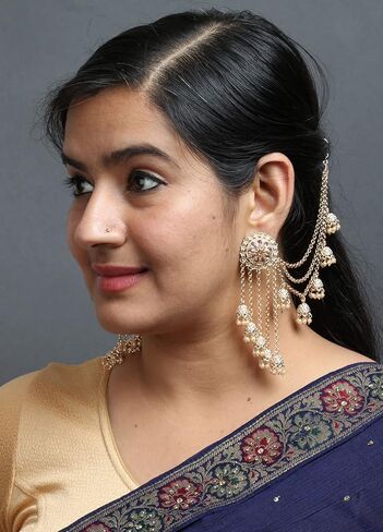 Bindhani أزياء بوليوود المجوهرات التقليدية العرقية الزفاف العروس إشبينة العروس الذهب مطلي كوندان اللؤلؤ قطرة Jhumka Jhumki رئيس سلسلة هندية باهي أقراط مجوهرات للنساء in Kuwait